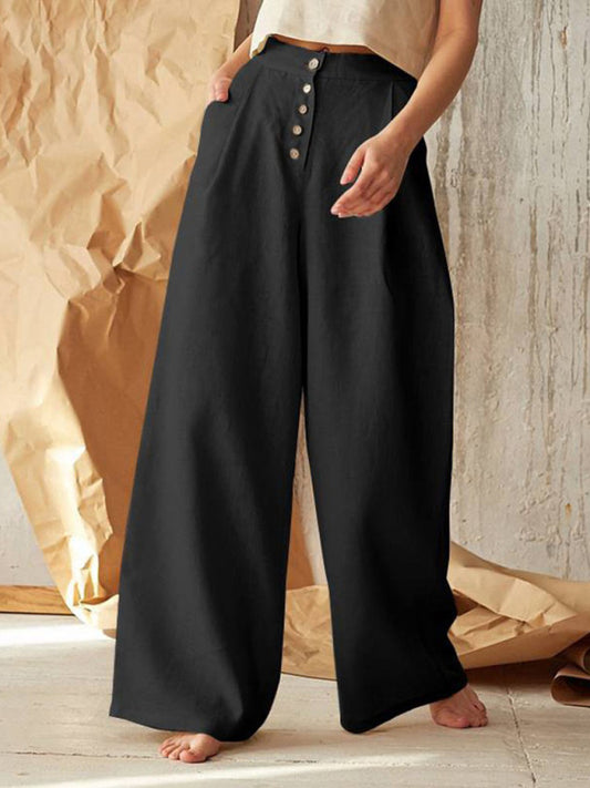 High Rise Pants - Wide Leg, Side Pockets Cotton-Linen Trousers Trousers - Chuzko Women Clothing