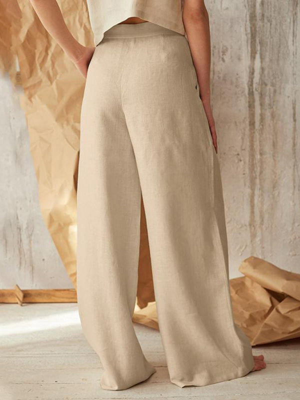 High Rise Pants - Wide Leg, Side Pockets Cotton-Linen Trousers Trousers - Chuzko Women Clothing