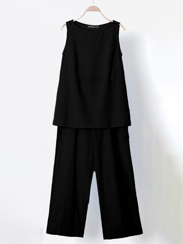 Cotton-Linen 2-Piece Tank Top and Long Pants for Women Casual Suit (Top+ Pants) - Chuzko Women Clothing