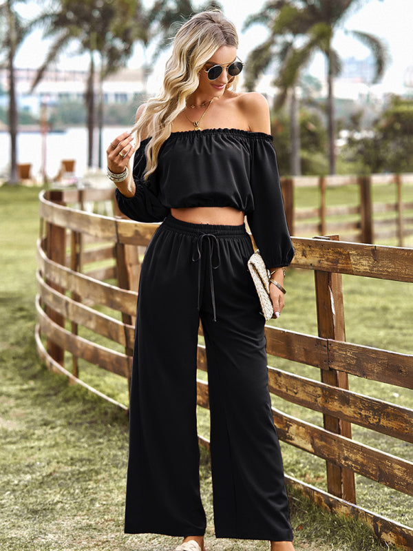 Solid Two piece Outfit Long Sleeve Crop Top and Pants Casual Suit (Top + Pants) - Chuzko Women Clothing