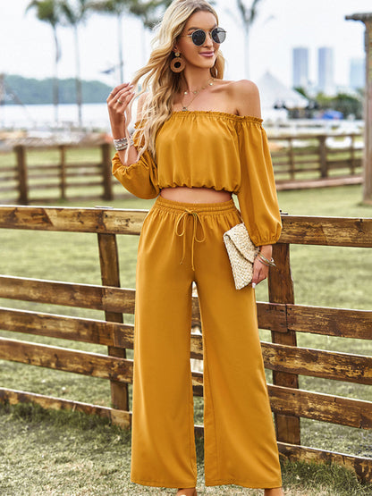 Solid Two piece Outfit Long Sleeve Crop Top and Pants Casual Suit (Top + Pants) - Chuzko Women Clothing