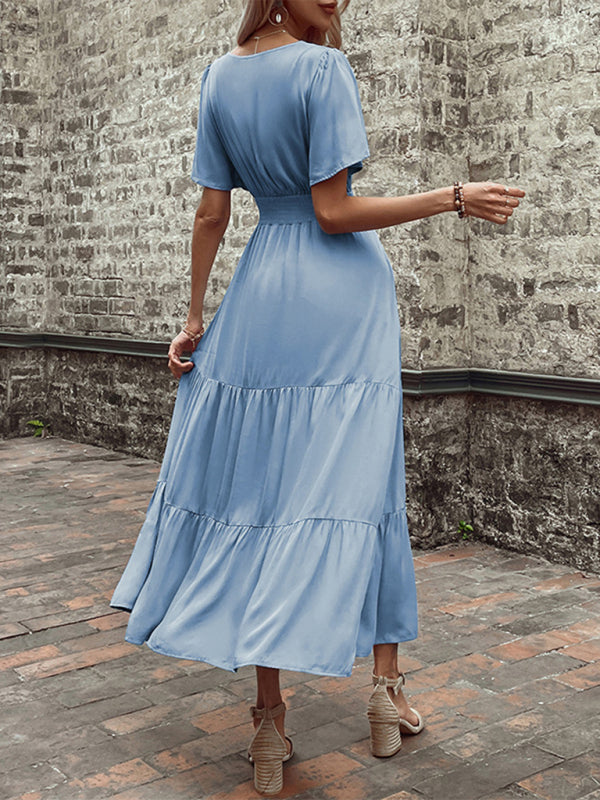 Solid Tiered Smocked Waist Maxi Dress Dress - Chuzko Women Clothing