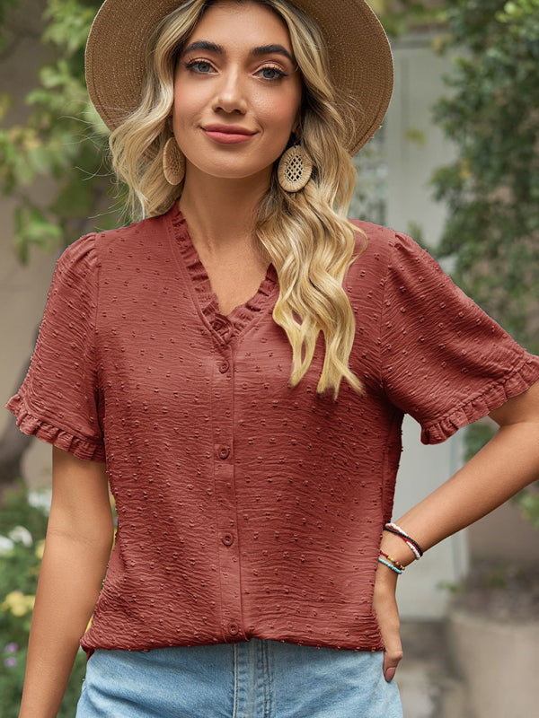 Perfect for Any Occasion: Women's Short Sleeve Top with Ruffle Details Tops - Chuzko Women Clothing