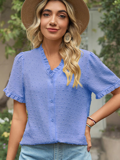Perfect for Any Occasion: Women's Short Sleeve Top with Ruffle Details Tops - Chuzko Women Clothing