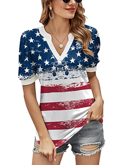 Patriotic Casual T-Shirt with American Flag Print and Puff Sleeves Top - Chuzko Women Clothing