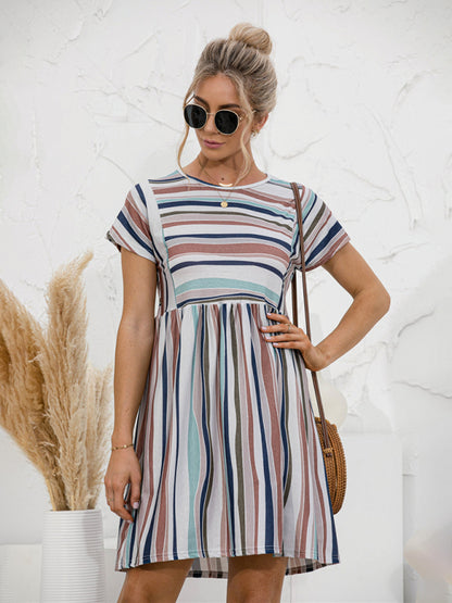 Stripe Print Round Neck Short Sleeve Mini Dress Dress - Chuzko Women Clothing