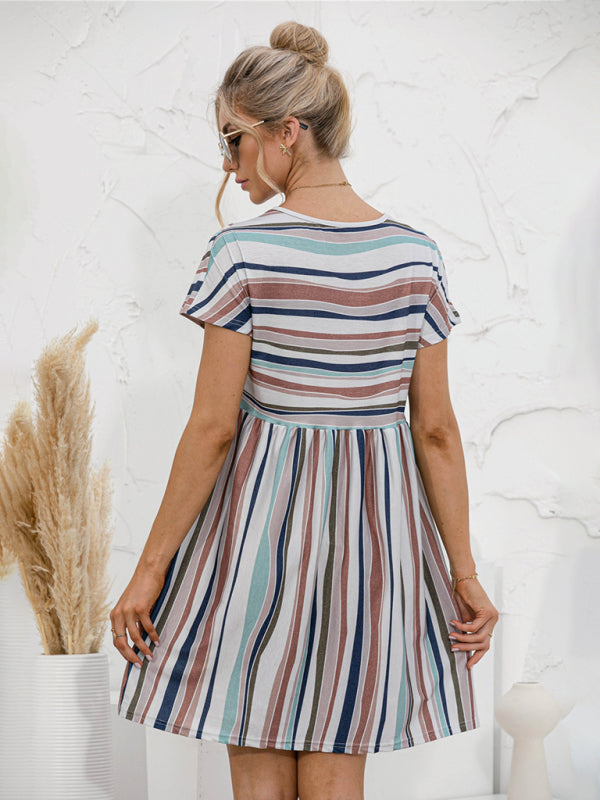 Stripe Print Round Neck Short Sleeve Mini Dress Dress - Chuzko Women Clothing
