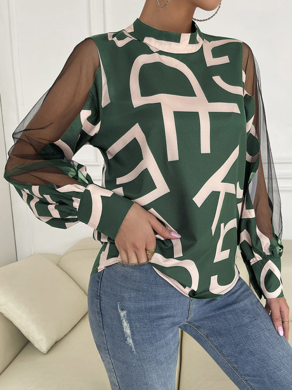 Letter Print Spliced Mesh Long Sleeve Blouse - Top Tops - Chuzko Women Clothing