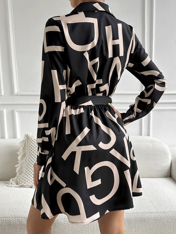 Feel Like a Queen in Our Regal Belted Shirt Dress with Letter Graphics Dress - Chuzko Women Clothing