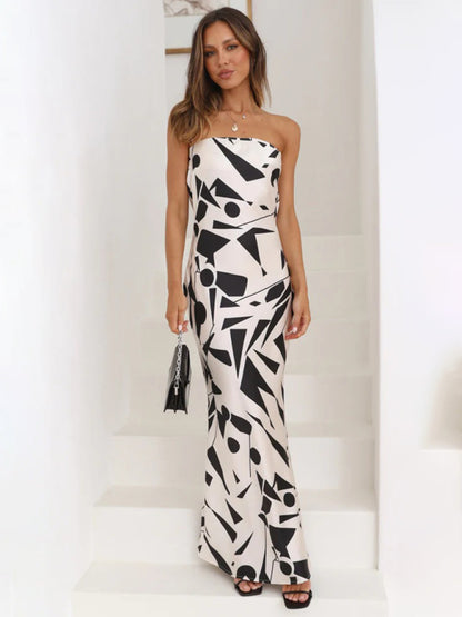 Elegant Satin Geo Print Off Shoulder Tube Maxi Dress Dress - Chuzko Women Clothing