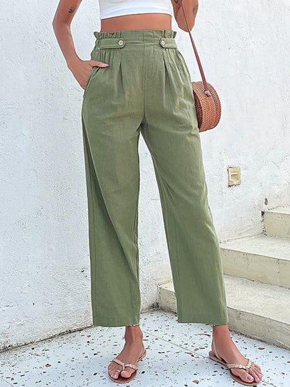 Straight-Leg Pants: Paperbag Waist, Pleated Buttons Trousers Trousers - Chuzko Women Clothing
