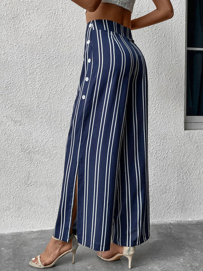Women's Stripe Sailor Wide Leg Slit Pants Trousers - Chuzko Women Clothing