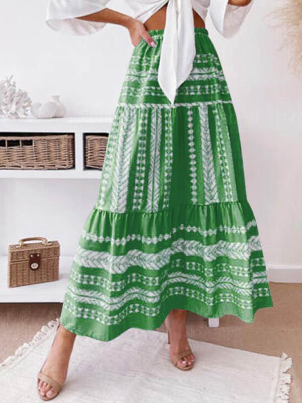 Retro Aztec Geo Printed Tiered Ruffle Maxi Skirt Skirt - Chuzko Women Clothing