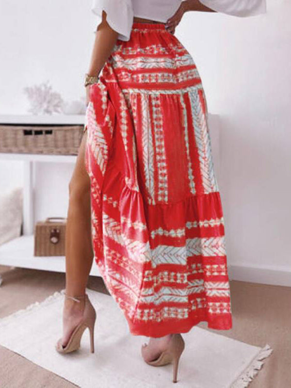 Retro Aztec Geo Printed Tiered Ruffle Maxi Skirt Skirt - Chuzko Women Clothing