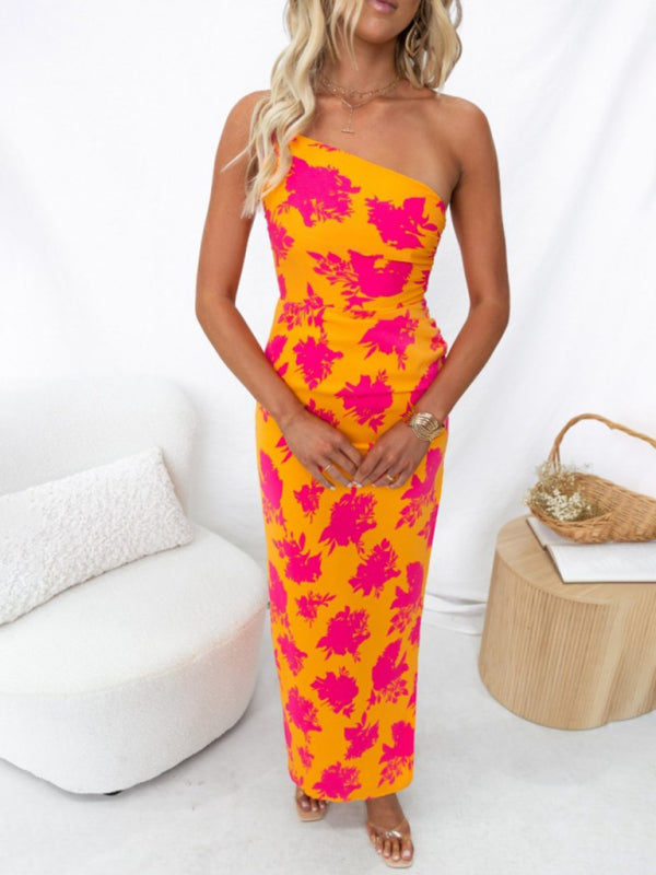 Elegant Floral Print One Shoulder Split Thigh Maxi Dress Dress - Chuzko Women Clothing