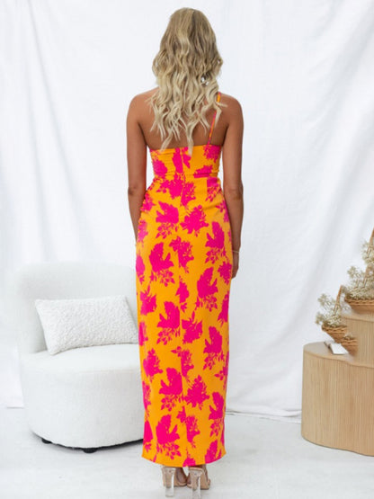 Elegant Floral Print One Shoulder Split Thigh Maxi Dress Dress - Chuzko Women Clothing