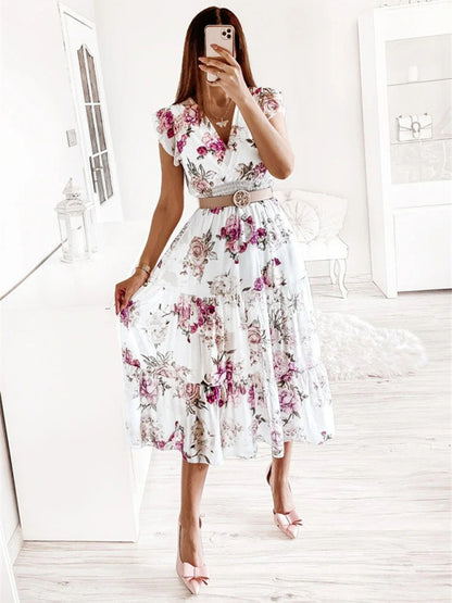 Floral Surplice V-Neck Smocked Waist Midi Dress (Without belt) Dress - Chuzko Women Clothing