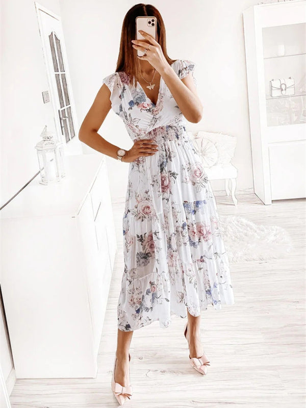 Floral Surplice V-Neck Smocked Waist Midi Dress (Without belt) Dress - Chuzko Women Clothing
