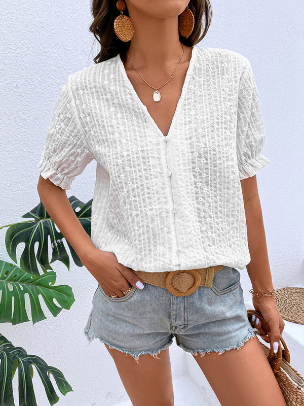 Create a Chic Summer Look with Our Eyelet Embroidery Women's Blouse! - Casual Top Tops - Chuzko Women Clothing