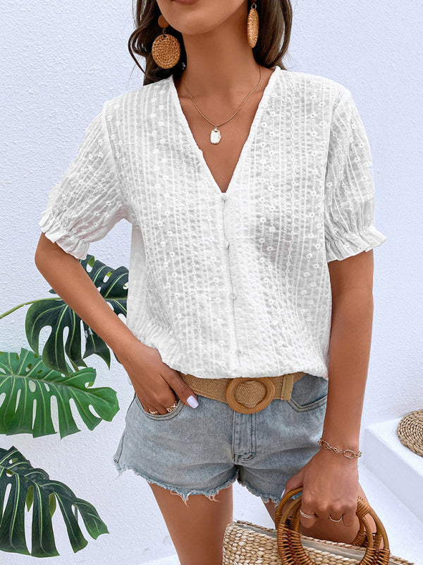 Create a Chic Summer Look with Our Eyelet Embroidery Women's Blouse! - Casual Top Tops - Chuzko Women Clothing