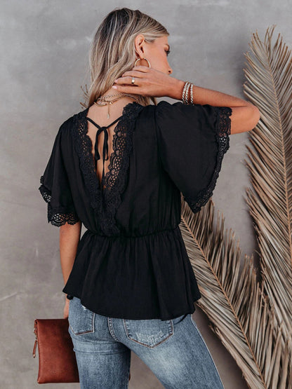 Women's Blouse with Flared Sleeves and Lace Details Top - Chuzko Women Clothing
