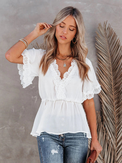 Women's Blouse with Flared Sleeves and Lace Details Top - Chuzko Women Clothing