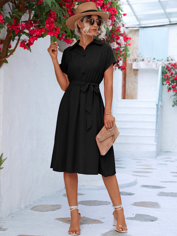 Button Down A-Line Shirt Dress with Belt Tie & Flowy Skirt Shirt Dresses - Chuzko Women Clothing