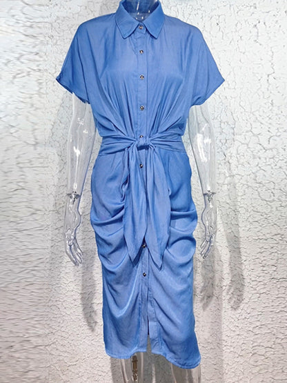 Denim Jean Belted Shirt Dress for Women! Dress - Chuzko Women Clothing