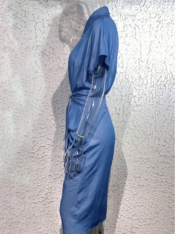 Denim Jean Belted Shirt Dress for Women! Dress - Chuzko Women Clothing