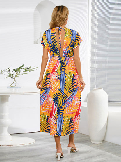 All Print Surplice V neck Elastic Waist Midi Dress Dress - Chuzko Women Clothing