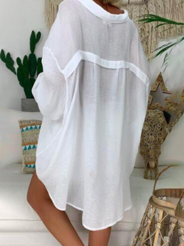 Women's Cotton Collar Blouse with Lantern Sleeve Tops - Chuzko Women Clothing