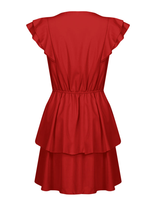 Solid Double Layer Ruffle Short Sleeve Dress Dress - Chuzko Women Clothing
