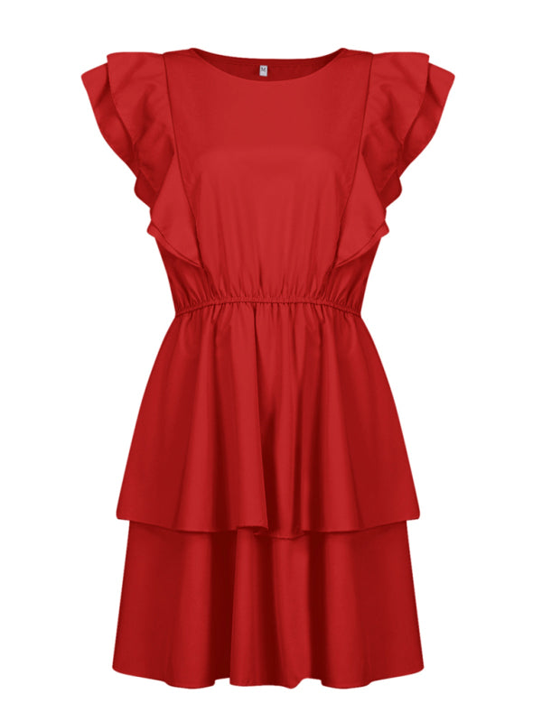 Solid Double Layer Ruffle Short Sleeve Dress Dress - Chuzko Women Clothing