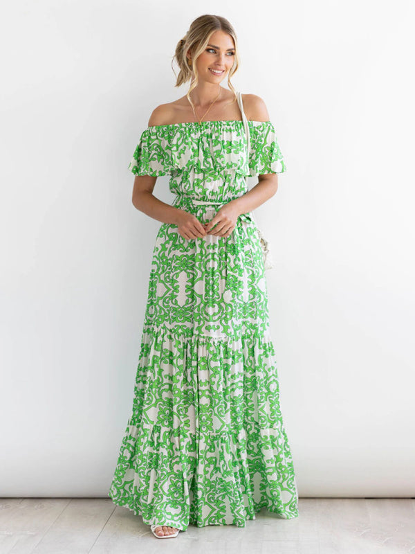 Floral Off-Shoulder Maxi Dress with Tiered Pleats Dress - Chuzko Women Clothing