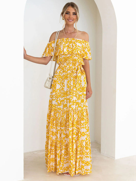 Floral Off-Shoulder Maxi Dress with Tiered Pleats Dress - Chuzko Women Clothing