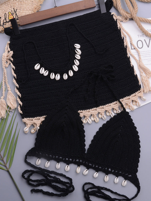 Boho Chic Three-Piece Crochet Bikini Set with Seashell Accents Three-Piece Crochet Bikini Set - Chuzko Women Clothing