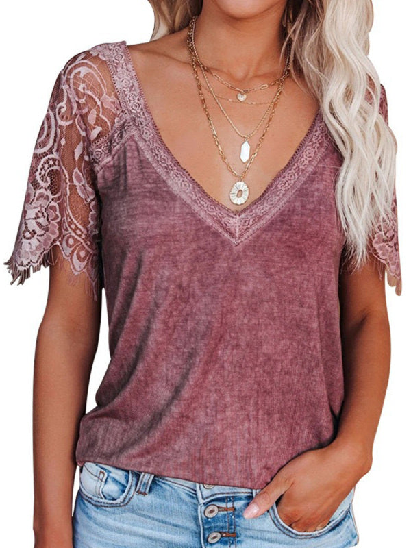 Solid Cotton V-Neck T-shirt with Lace Embroidery Sleeves Tops - Chuzko Women Clothing