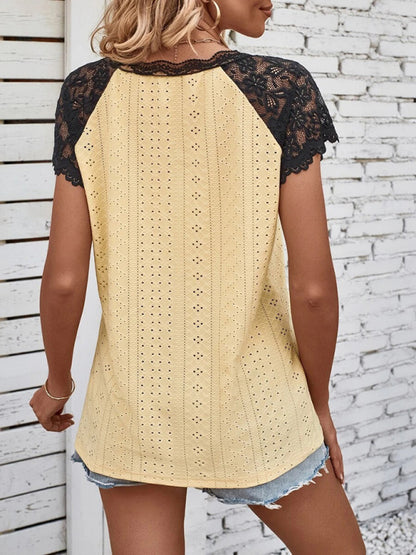 Lace-Embellished V-Neck Blouse - Women's Short Sleeve Shirt Top Top - Chuzko Women Clothing