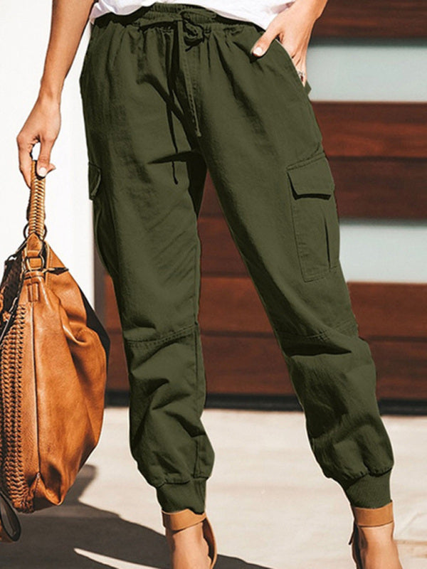Cargo Pants - Flap Pockets & Elastic Waistband Pants Trousers - Chuzko Women Clothing