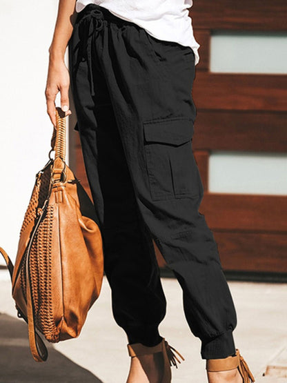 Cargo Pants - Flap Pockets & Elastic Waistband Pants Trousers - Chuzko Women Clothing