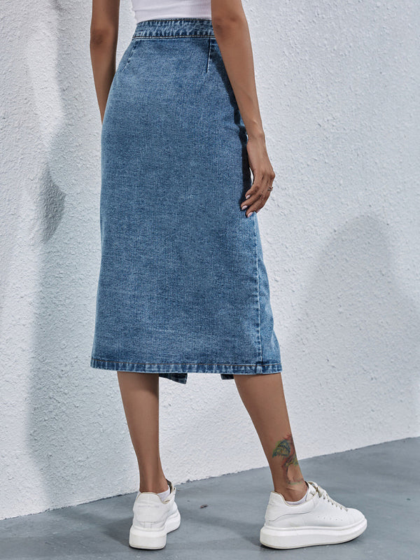 Versatile and Stylish Washed Denim Midi Skirt with Pockets & Button Up Midi Skirts - Chuzko Women Clothing