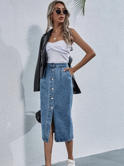 Versatile and Stylish Washed Denim Midi Skirt with Pockets & Button Up Midi Skirts - Chuzko Women Clothing