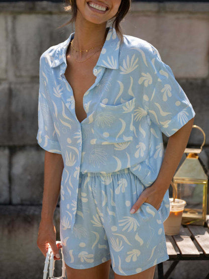 Sky Blue Cotton Two-Piece Loose Set Shirt + Shorts Casual Suit (Shorts + Top) - Chuzko Women Clothing