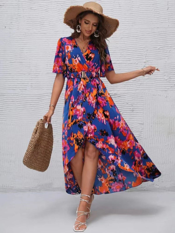 Vibrant Floral Surpliced V Neck Maxi Vacation Dress Dress - Chuzko Women Clothing