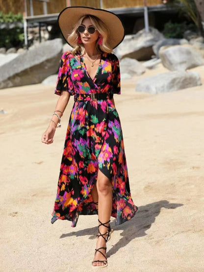 Vibrant Floral Surpliced V Neck Maxi Vacation Dress Dress - Chuzko Women Clothing