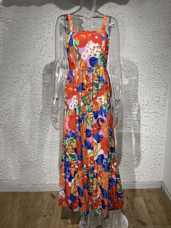 Vacation Floral Ruffle Hem Square-Neck Maxi Cami Dress Dress - Chuzko Women Clothing