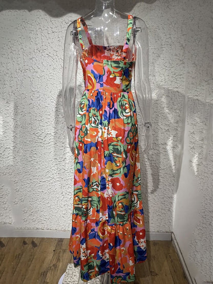 Vacation Floral Ruffle Hem Square-Neck Maxi Cami Dress Dress - Chuzko Women Clothing
