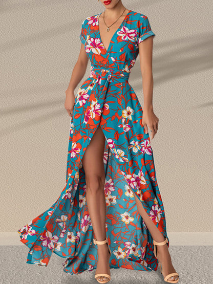 Floral Maxi Knot Waist Surplice Robe Dress Dress - Chuzko Women Clothing