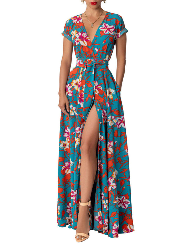 Floral Maxi Knot Waist Surplice Robe Dress Dress - Chuzko Women Clothing