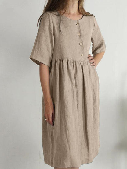 Solid Cotton Linen Button Dress - Ideal for Casual Occasions Midi Dresses - Chuzko Women Clothing